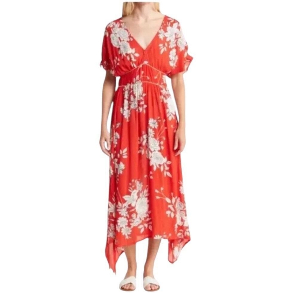 RAGA Rohit Floral Sharkbite Hem Midi Dress Red Size XS Empire Waist Chiffon